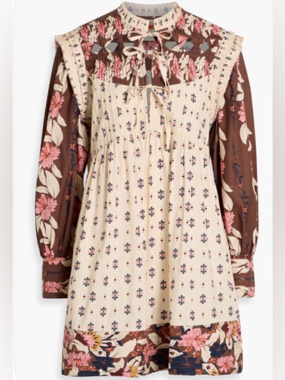FARM RIO Pintucked printed cotton-voile Long-Sleeve Mini Dress: Medium - Picture 2 of 8